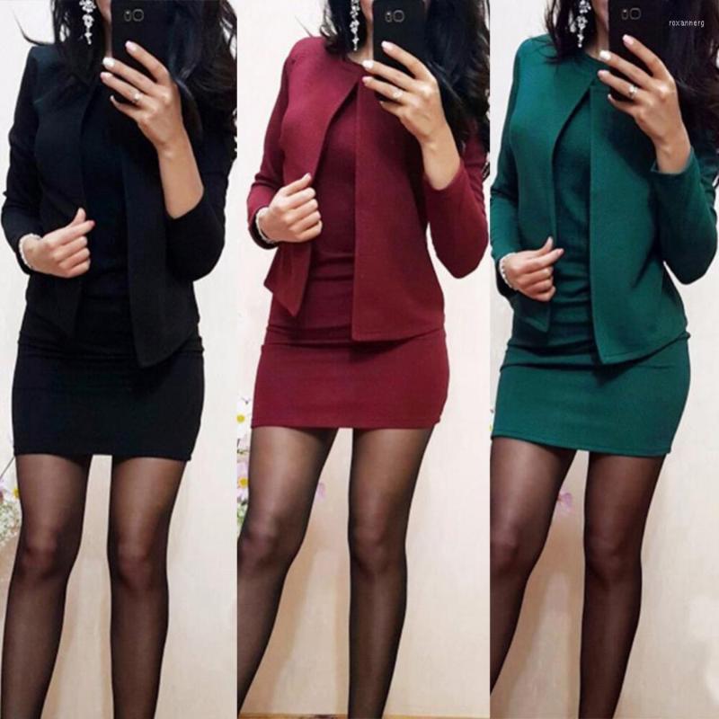 

Work Dresses 2Pcs Office Ladies Blazer Dress Set Solid Color Jacket Coat Bodycon Sleeveless Mini Suit Women Vestidos Robe Femme, Green