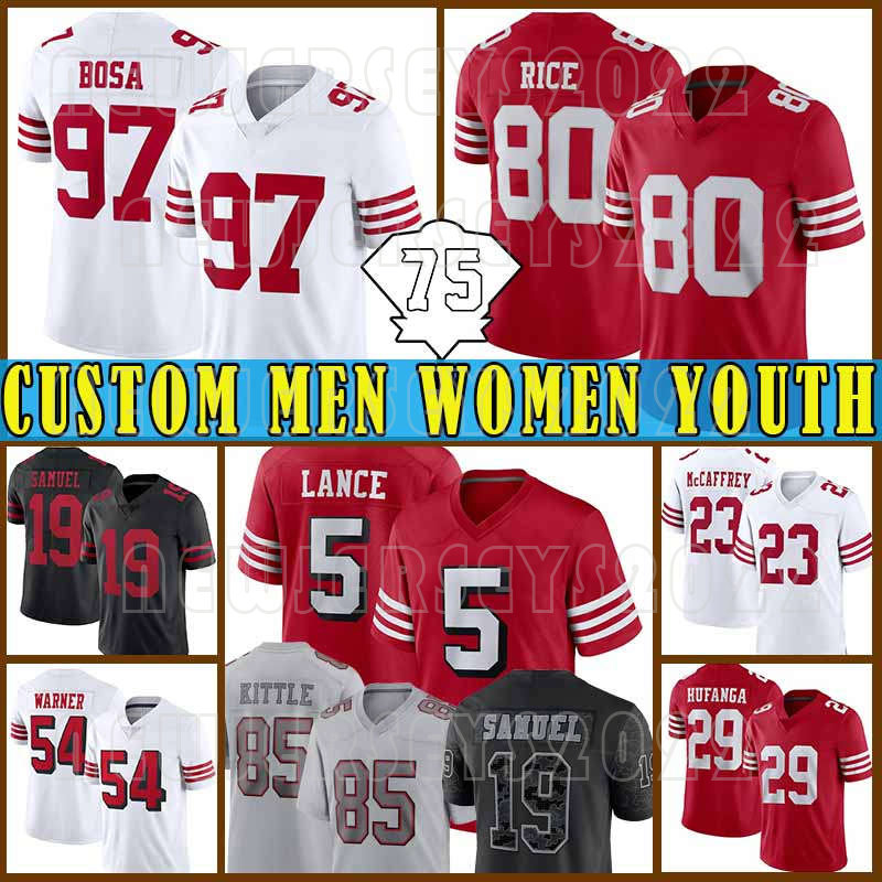 

85 George Kittle 5 Trey Lance Football Jersey Christian McCaffrey Talanoa Hufanga Nick Bosa Jimmy Garoppolo Deebo Samuel Fred Warner Brandon Aiyuk Juszczyk Verrett, Custom men (49ren)+patch