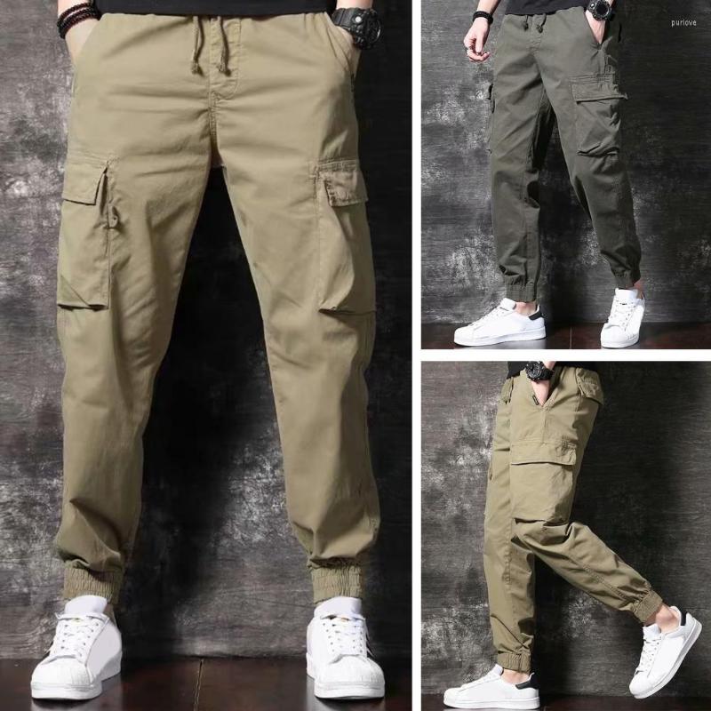 

Men's Pants Stylish Men Cargo Trousers Drawstring Streetwear Male Lace-up Mid-rise, Army green