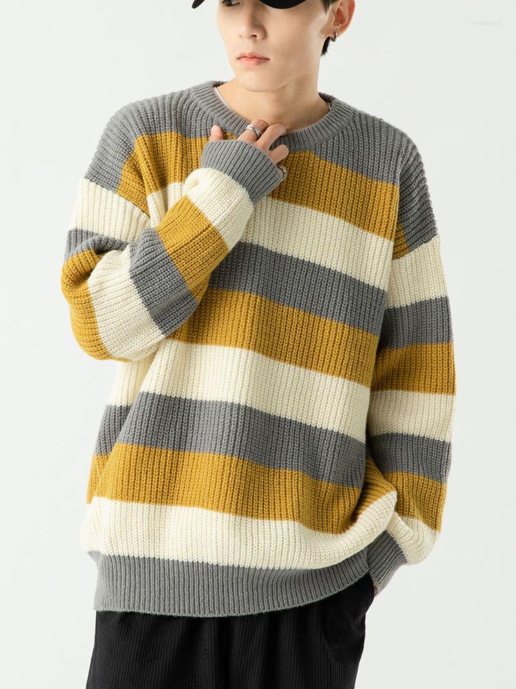 

Men's Sweaters Stripe Print Sweater Men 2022 Winter Streetwear Clothing Hip Hop Long Sleeve Pullover Casual Patchwork Couple, Black