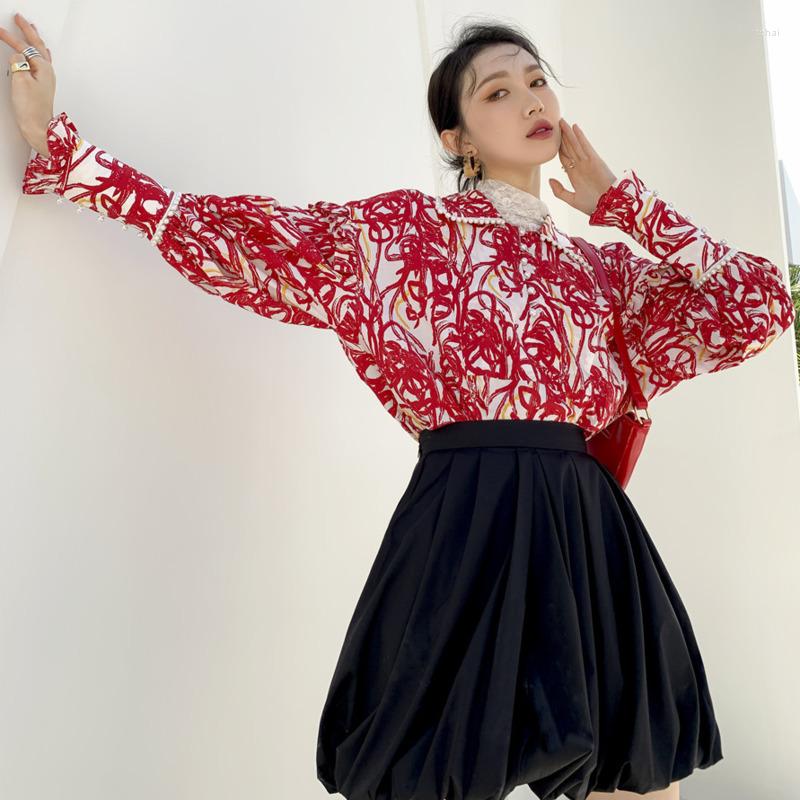 

Women's Blouses Pearl Floral Red Long Sleeve Shirt Vintage Fashion Button Up Ladies Tops And Autumn 2022 Women Clothing Black Mini Skirt, Blouse