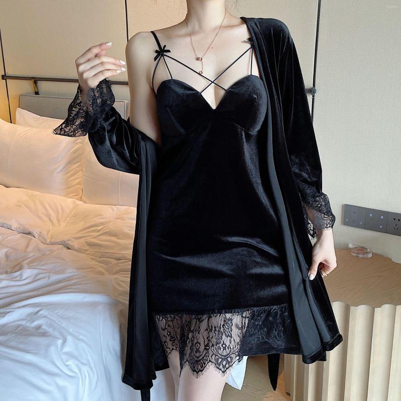 

Women's Sleepwear Velvet Women Set Sexy Robe & Nightgown Lace Bathrobe Nightdress Femme Lingerie Homewear Lounge Negligee Fall, Black