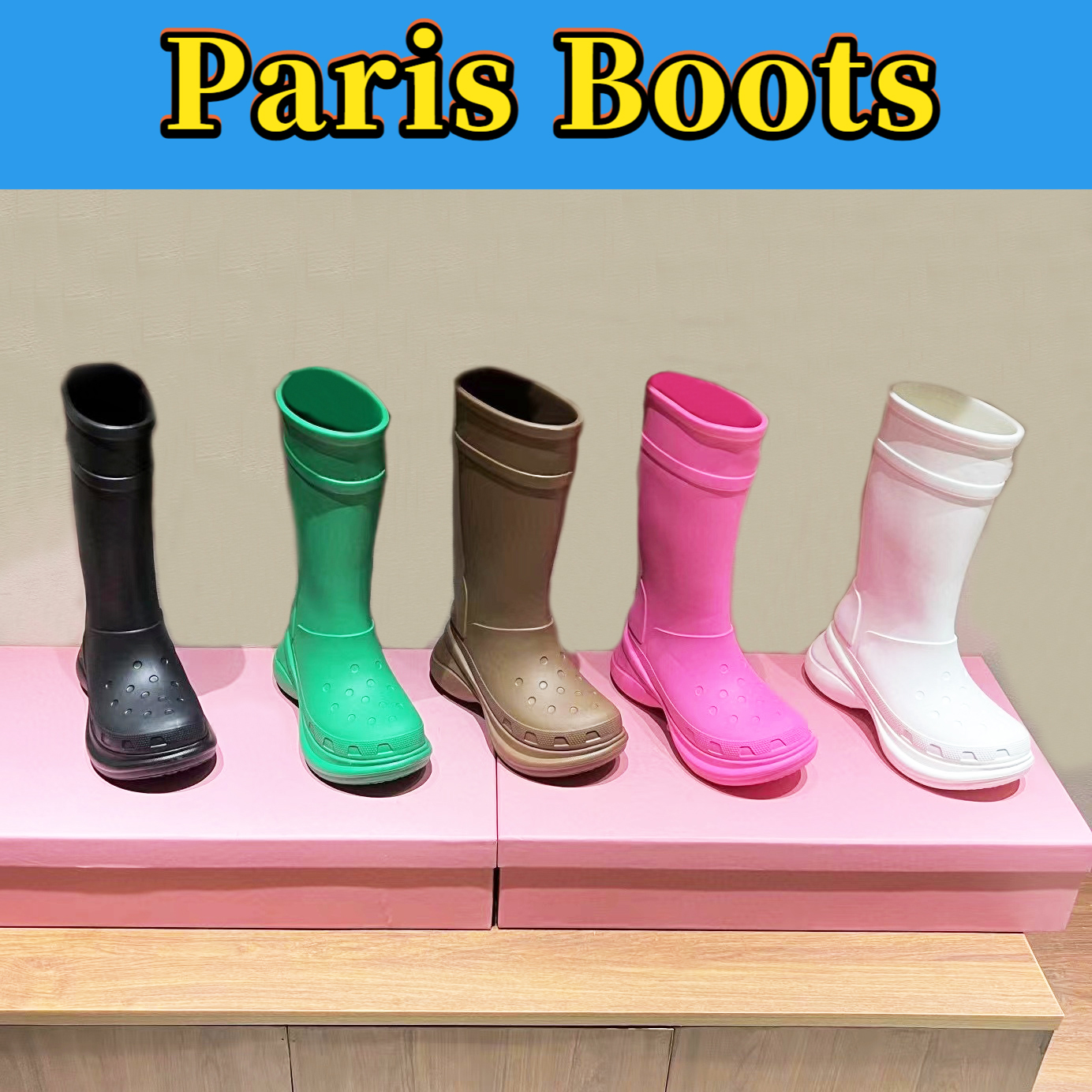 

Luxury designer boots Paris Croc 20MM Arch EVA Rubber snow boot women shoes bright pink black white green brown high fashion womens booties outdoor sneaker, Shoe box