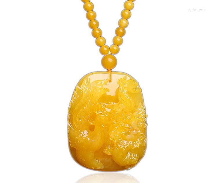 

Pendant Necklaces Hand-carved Dragon And Phoenix Oil Yellow Beeswax Men Women Sweater Necklace