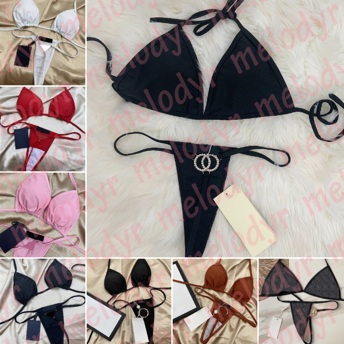 

Womens Holiday Thong Bikinis Sexy Triangle Swimwear Push Up Underwear Metal Letter Beach Bathing Suit, Prd01-black