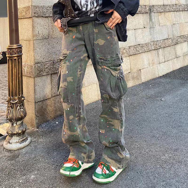 

Men' Pants American High Street Camouflage Ink-splashing Cargo Women Make Old Washed Streetwear Hiphop Wide-leg Straight Men, Blue