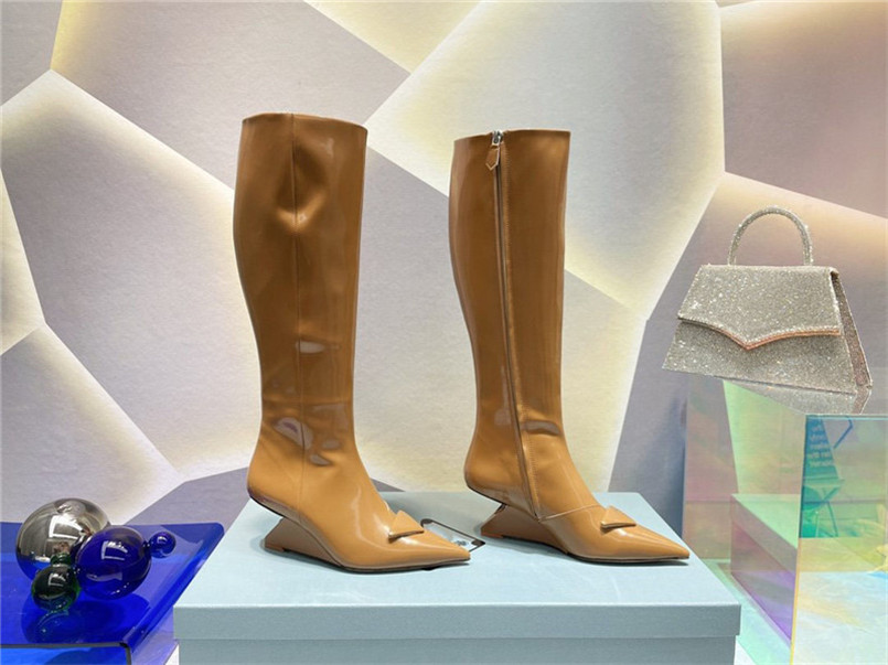 

Designer Luxury Brown Leather Platform Knee High Boots New With Original box, 14