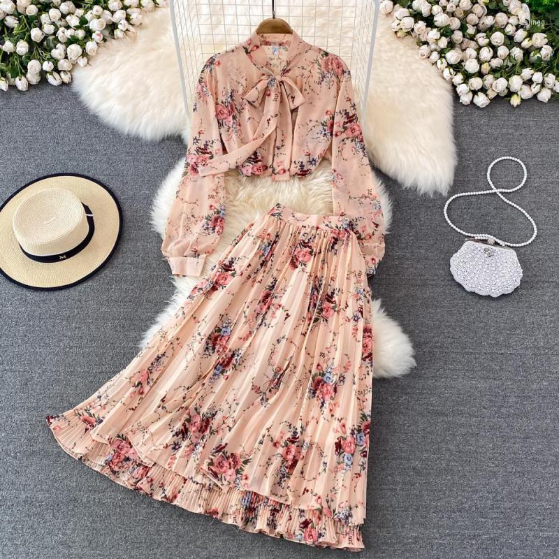 

Work Dresses Long Sleeve Bow Tie Shirt And Pleated Skirt Fashion Women Broken Flower Chiffon Two Piece Set 2022 Spring Female Outfits