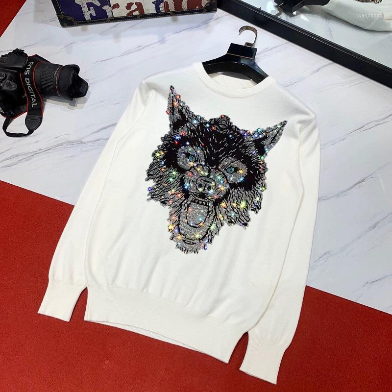 

Men's Sweaters Top Quality Knitted Cashmere Rhinestone Brand Men's Sweater Luminous Tiger Winter Oversized Pullover, As shown asian size
