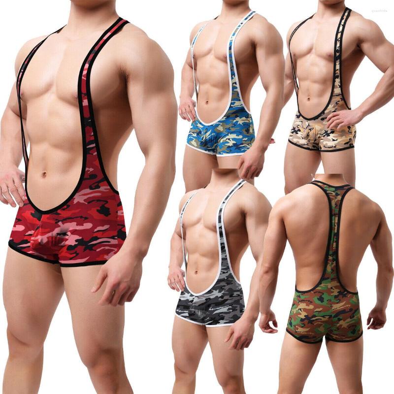 

Undershirts Sexy Jumpsuit Leotard Men Tank Tops Vest Boxer Underwear Camo Camouflage Printed Overalls Undershirt Romper Straps Mens Bodysuit, Blue