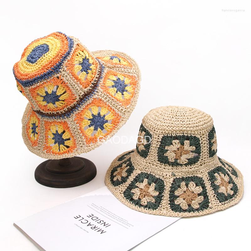 

Berets Women Summer Beach BOHO Granny Square Crochet Handmade Straw Beathable Floral Bohimian Bucket Hat Cap, Green
