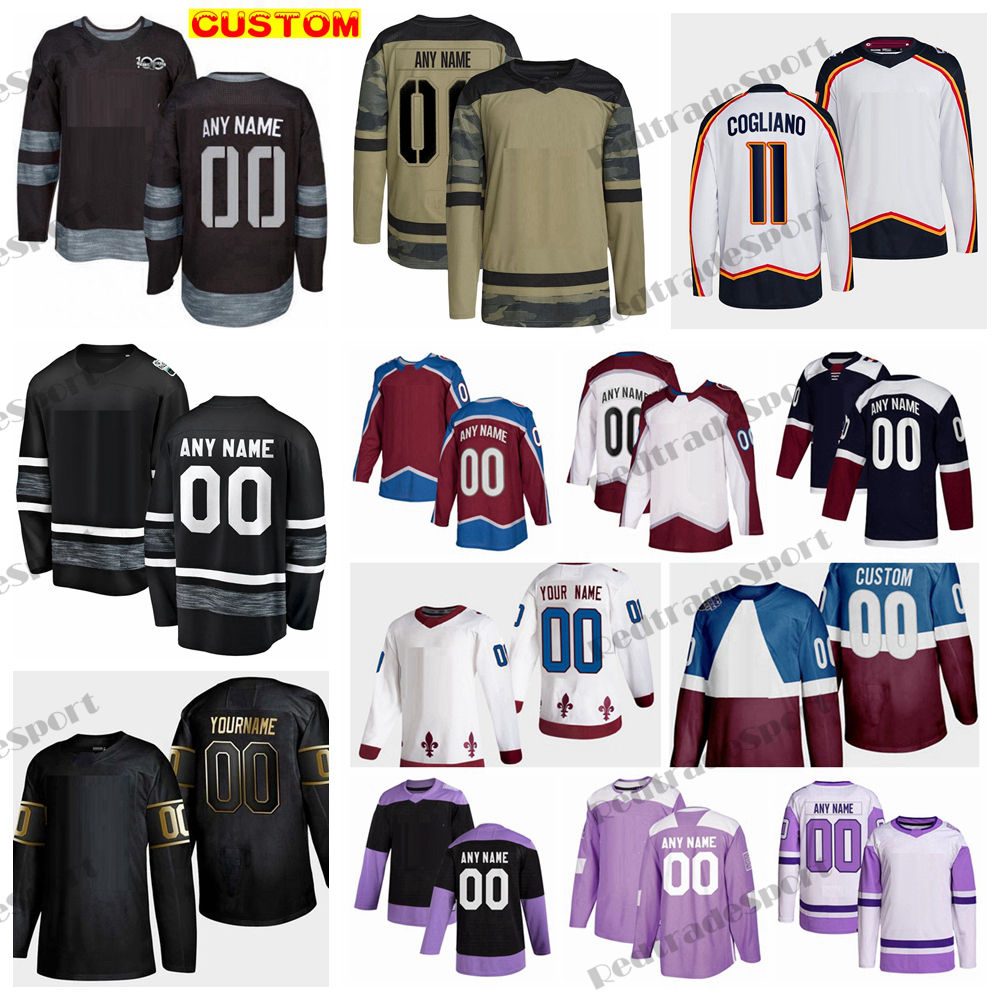 

Custom 2022 Reverse Retro Hockey Jerseys MacKinnon Landeskog Rantanen Makar Nichushkin Camo Fights Cancer Sakic Forsberg Toews Georgiev Lehkonen Compher O'Connor, 2022 camo