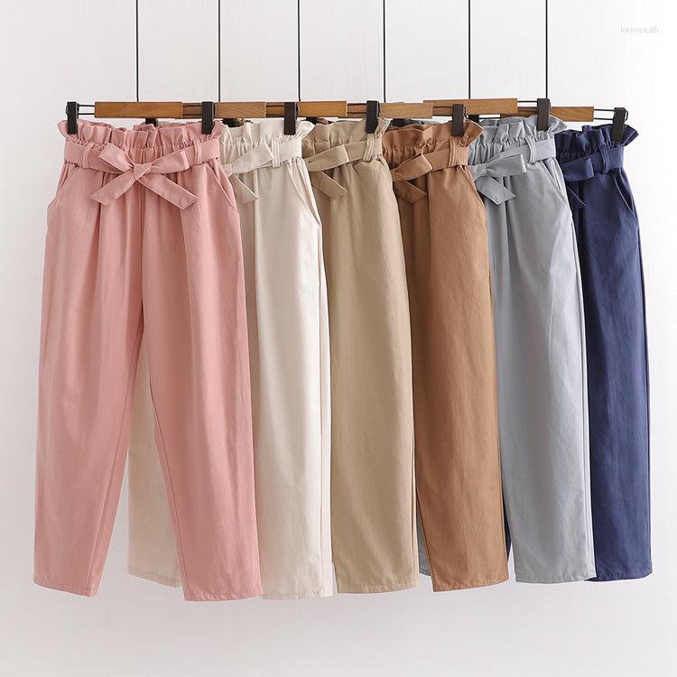 

Women's Pants Summer Elastic Waist Casual Women With Belt Cotton Harun Womens Pink Ladies Wide, White