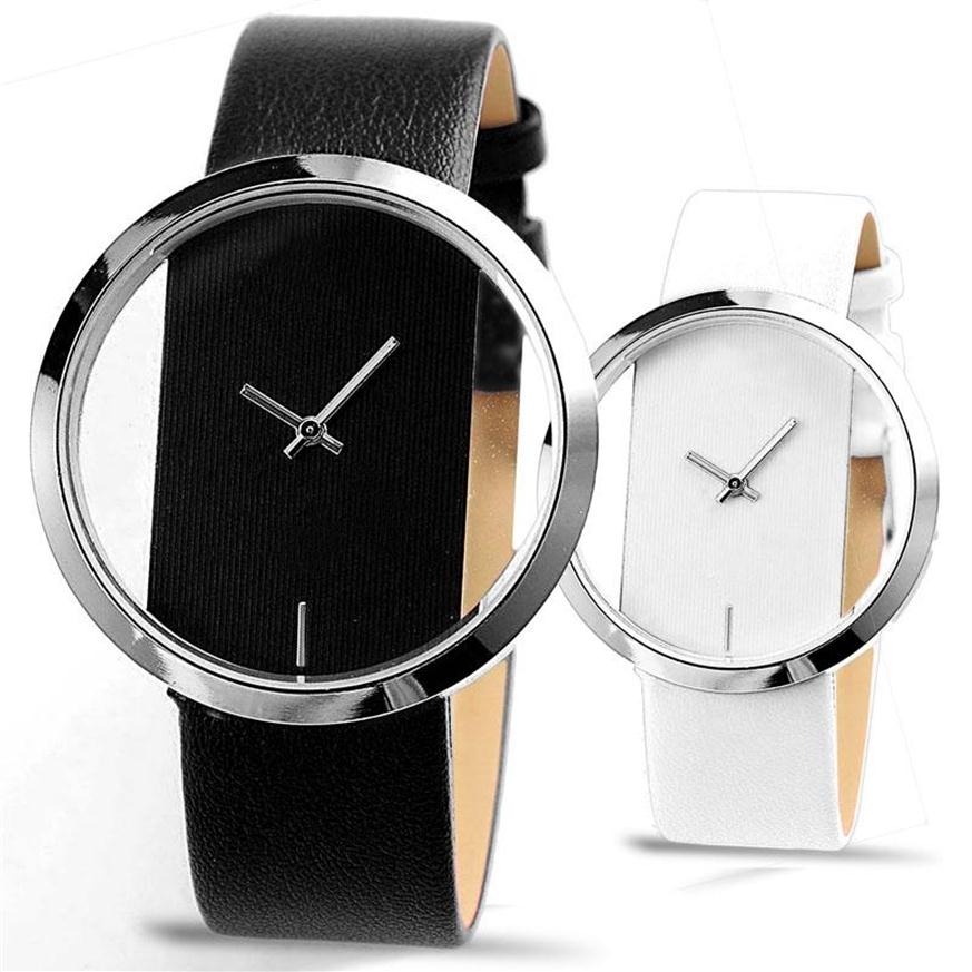 

Wristwatches Unique Simple Style Transparent Dial Quartz Watch Leather Band Women Black White Wristwatch Relogio Feminino245m