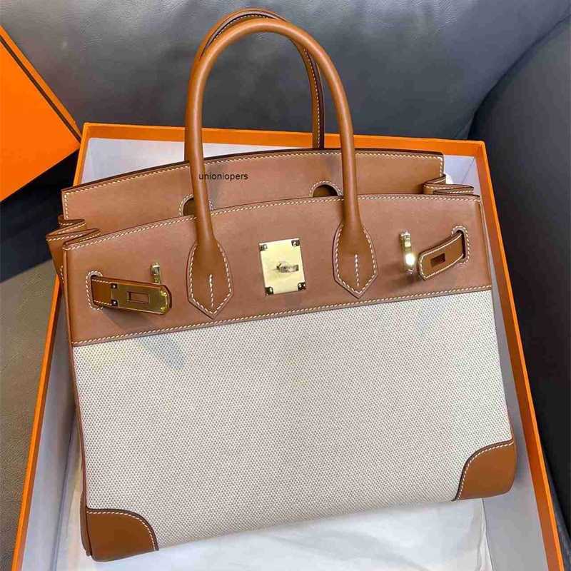 

Birkin'' Designer Birkin'' Handbags Casual and Versatile Contrast Canvas with First Layer Cow Leather Bag 25cm Portable Shoulder