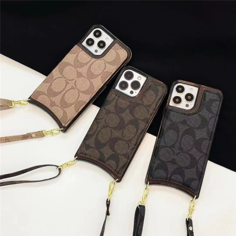 

Luxury Wallet Designer Cases for iPhone 14 Pro 13 12 11 Women Leather Classic Pattern Protective Flip Folio Cover with Credit Card Holder Cross-Body Strap Lanyard Case, Brown