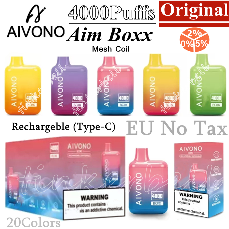 

Original AIVONO AIM BOXX 4000Puffs E Cigarette Disposable Vapes Puff 4000 Vape Pen 5% Rechargeble 550mAh Battery 10ml Mesh Coil Pod 10 Colors Vaper Desechable