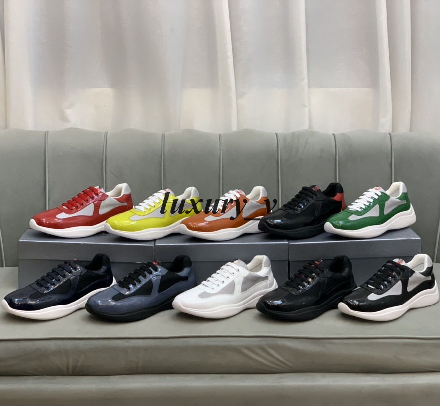 

Men America Cup Sneakers Designer Casual Shoes Patent Flat Leather Trainers Black Mesh Lace-up Outdoor Runner Shoe with box, Color 2