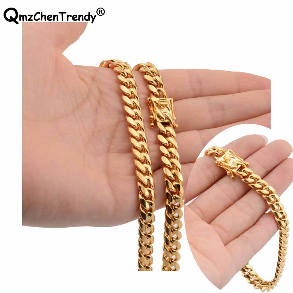 

10mm Hiphop Cowboy Miami Cuban Curb Link Chain Necklaces Bracelet Stainless steel Gold Men's Hip hop Link Necklace Jewelry set311z