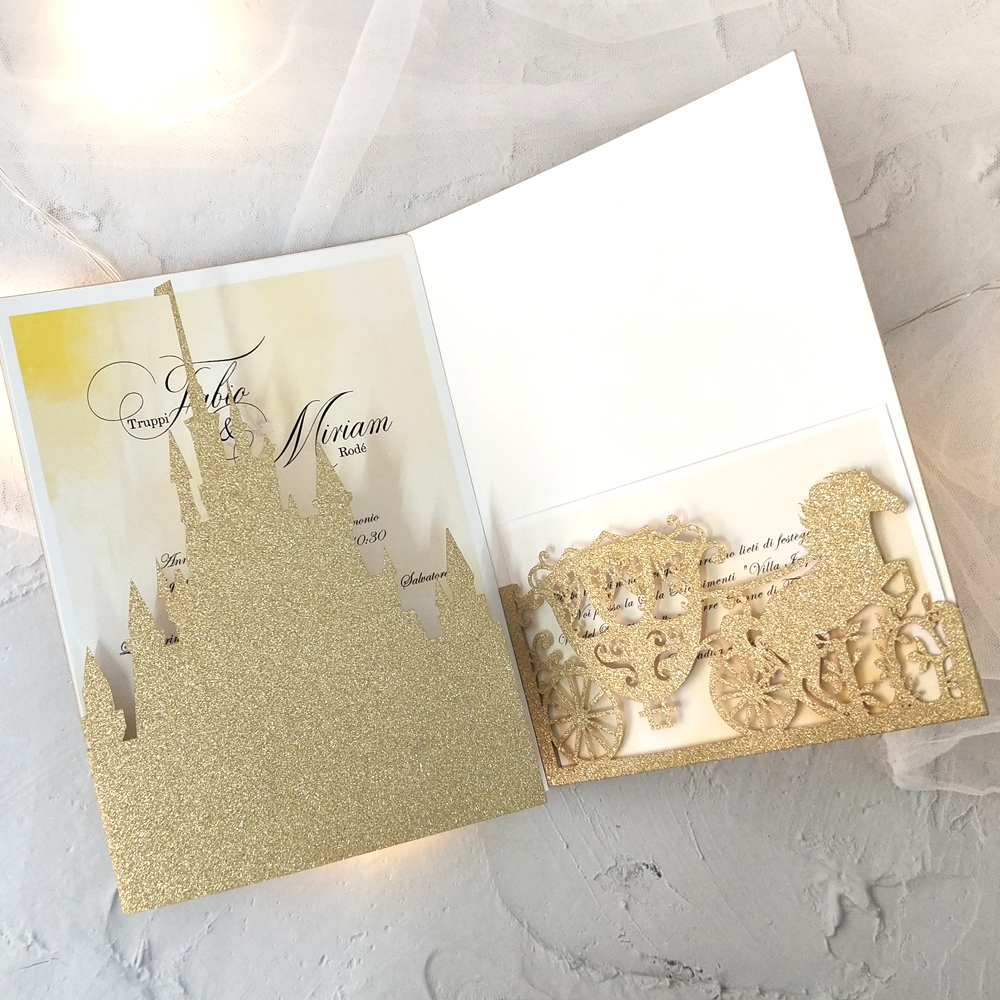 

Greeting Cards Themed Castle and Carriage Tri Fold Luxury Laser Cut Wedding Invitation cards birthday Party Favor Decoration 221110