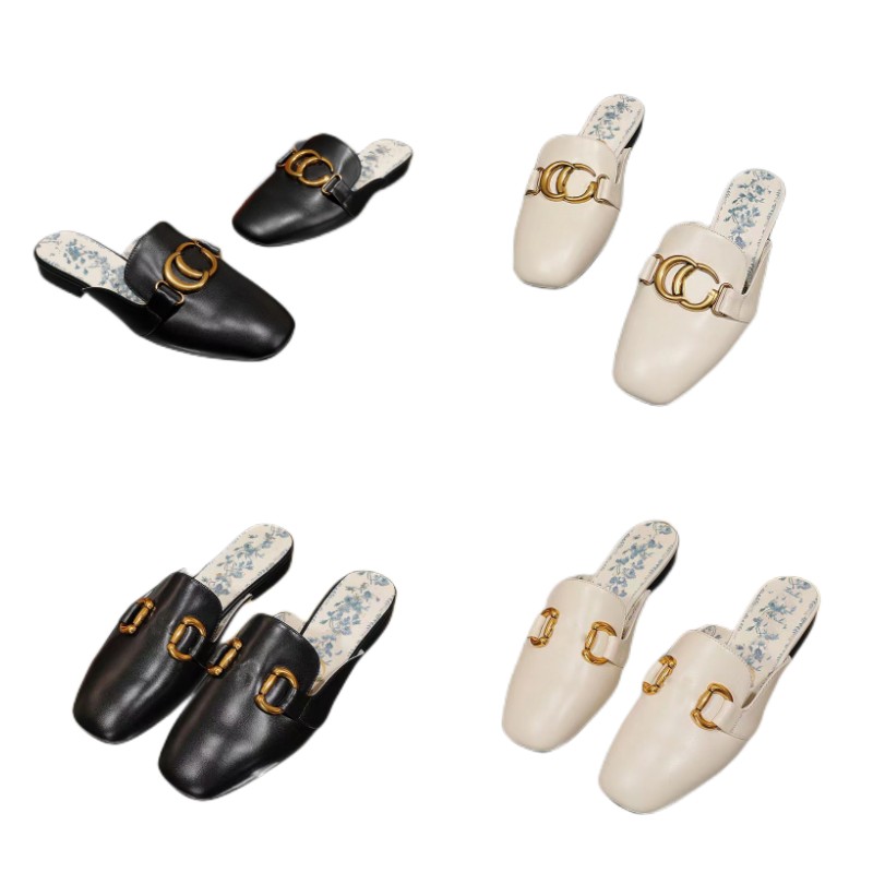 Designer Pantoufles G Diapositives Femmes Marque De Luxe Top Pantoufles En Cuir Vintage Boucle En Métal 2cm Talon Sexy Lettre D'or En Plein Air S