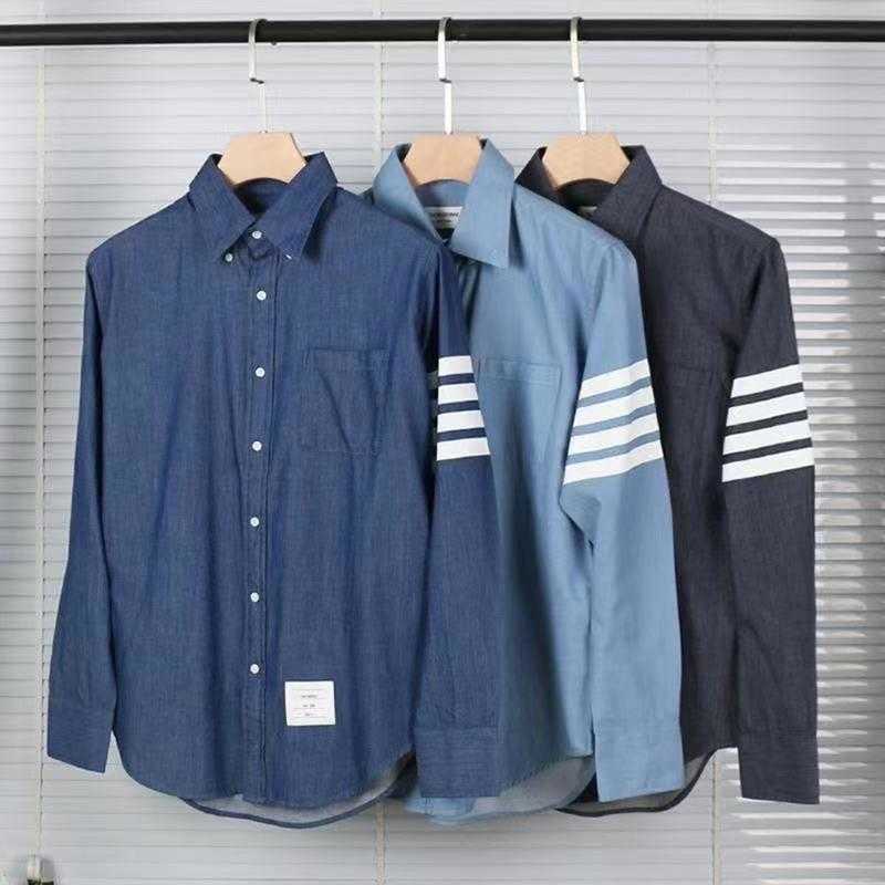 

Luxury Shirt Designer Thoms Brownns Blouse Light Luxury Fashion Brand Tb Spring and Autumn Stripe Four Pure Cotton Embroidered Denim Shirt Men's Slim Long Sleeve, Blue