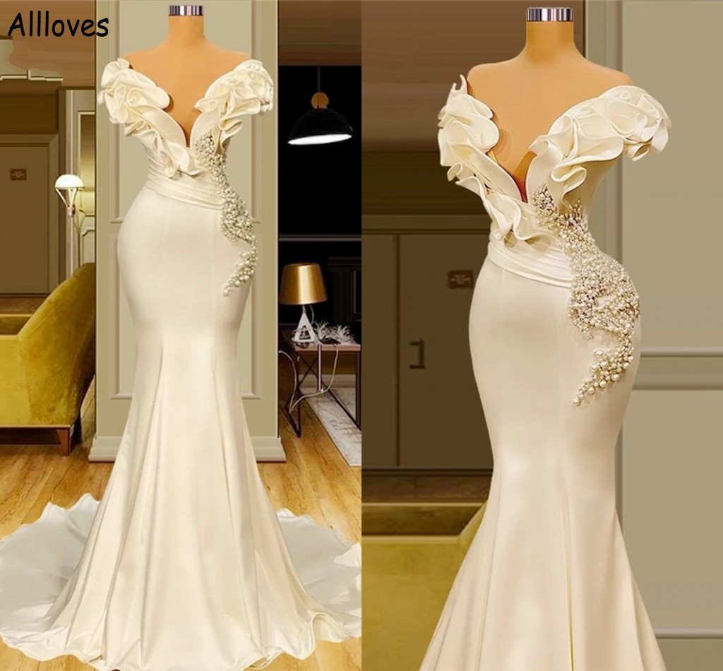 

Pearls Beaded Off The Shoulder Mermaid Wedding Dresses Elegant Ivory Satin Ruffles Vintage Boho Bridal Gowns Sweep Train Vestidos De Novia Saudi Arabia CL1401, Khaki