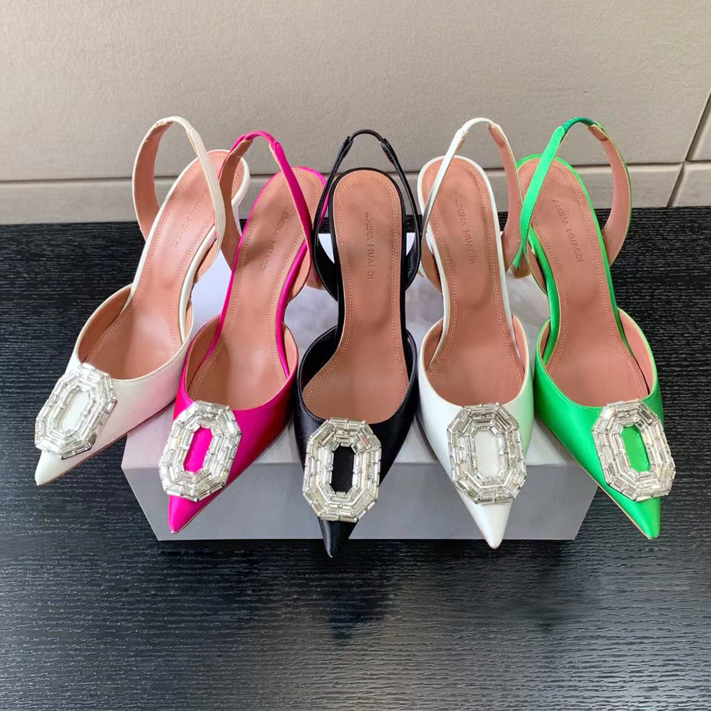 

Amina Muaddi Dress Shoes Pumps High Heels Sexy Sandals Factory Shoes Luxury Saeda Crystal Strap Satin Suede Leather Wedding Party Womens, Black