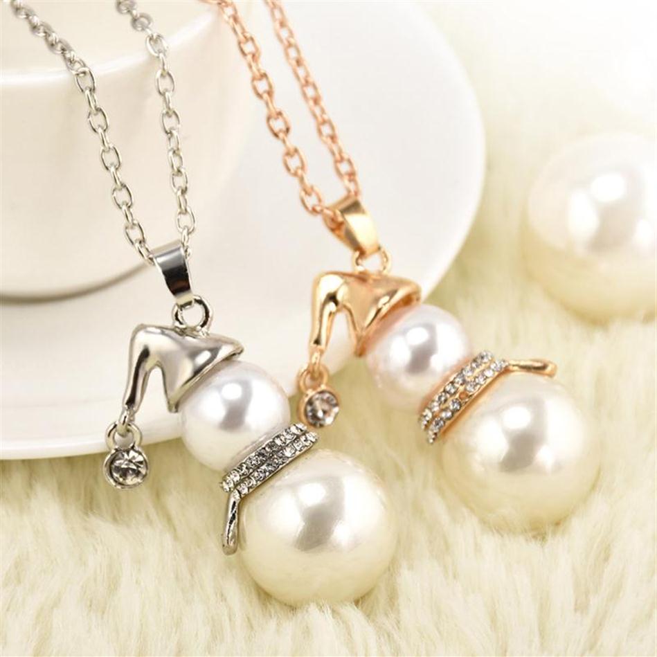 

Pearl Pendant Necklace Snowman Crystal Shiny Christmas Hat Pendants Necklaces Funny Xmas Chain Jewelry Gifts Chains203i