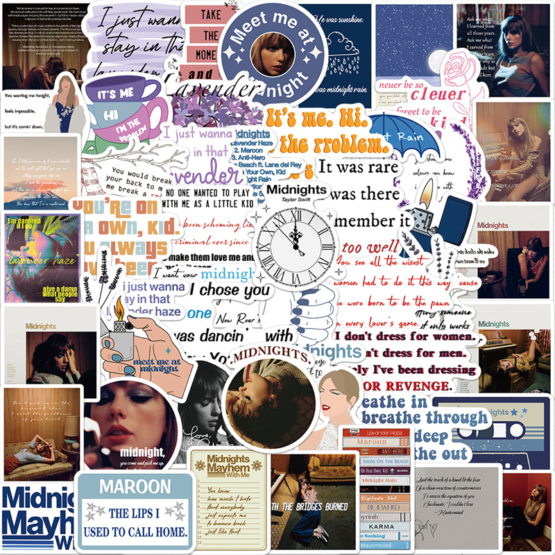 

50Pcs Taylor Swift sticker New Album Midnights Graffiti Stickers for DIY Luggage Laptop Skateboard Motorcycle Bicycle Stickers, Multi colors