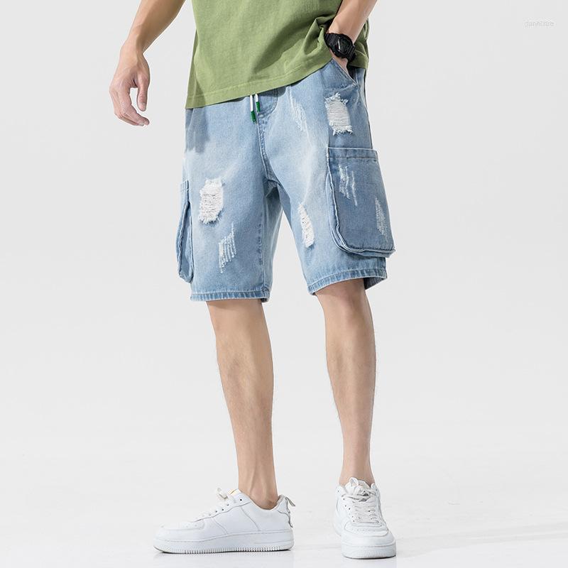 

Men's Shorts Men's Plus Size Japanese Fashion Ripped Tooling Denim Summer Youth All-match Five-point Pants Streetwear Cotton, Blue