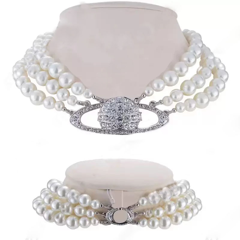 

Luxury Fashionable Pearl necklace Advanced retro Three layer pearl Shiny Saturn bead pendant