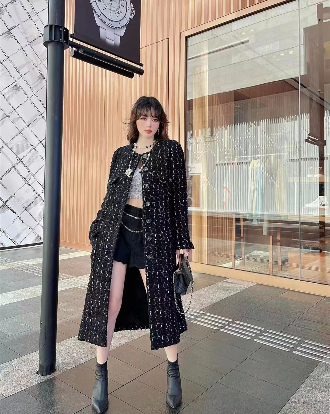 

Chan New Women's brand jacket OOTD designer Fashion top-grade autumn winter logo long style tweed coat overcoat Leisure Spring Coats cardigan Women Christmas Gift, Black
