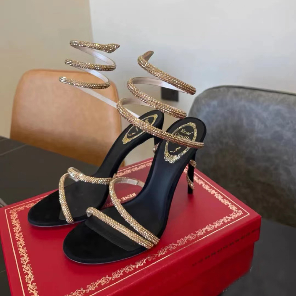 

Rene caovilla Margo Heels Sandals Rhinestone embellished Snake stiletto Heel sandals Women's Luxury Designers Ankle Wraparound shoe factory footwear 95mm With box, Red