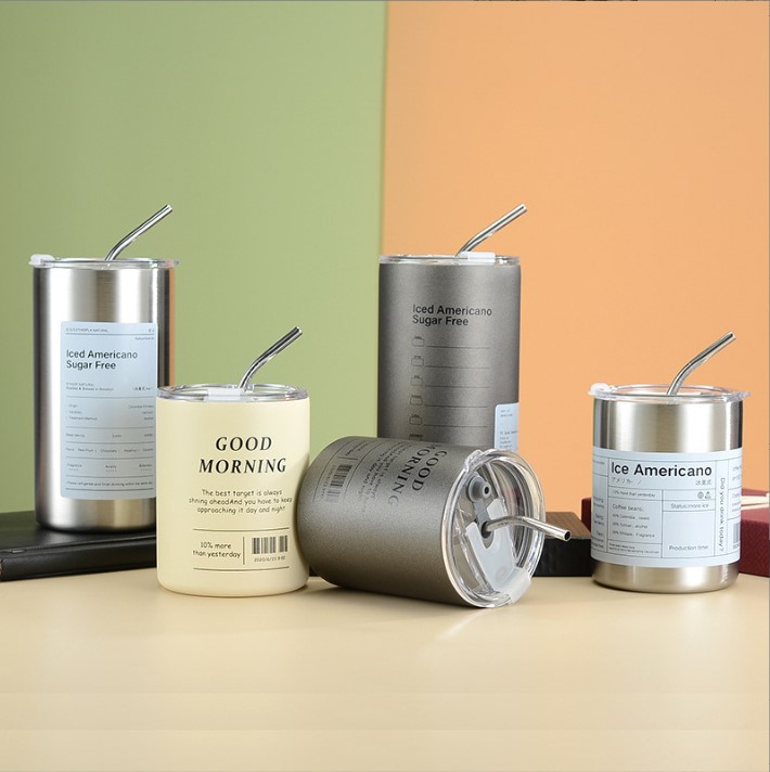 

12oz Small Lovely Tumblers 304 Stainless Steel Thermos Clear Flip Sippy Cup Double Vacuum Iced American Straight Coffee Mugs Car Cups Sea Freight A0015, Dark gray