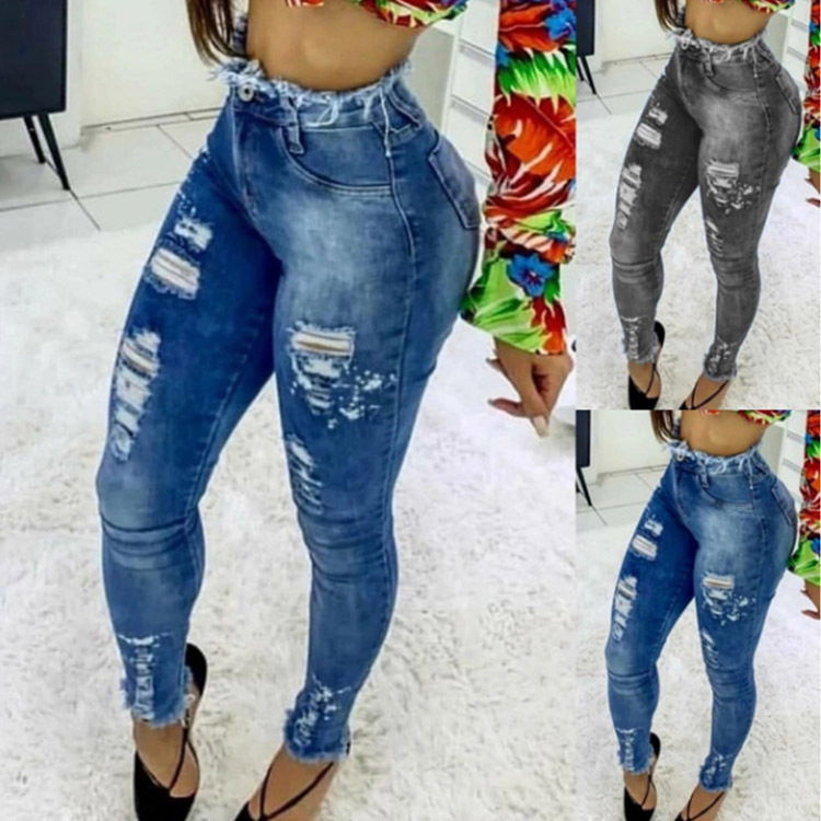 

QNPQYX Women Ripped Skinny Jeans Fashion Tassel Hole Slim Ladies Denim Pants Casual Mom Vintage Distressed Female Pencil Trousers, Blue
