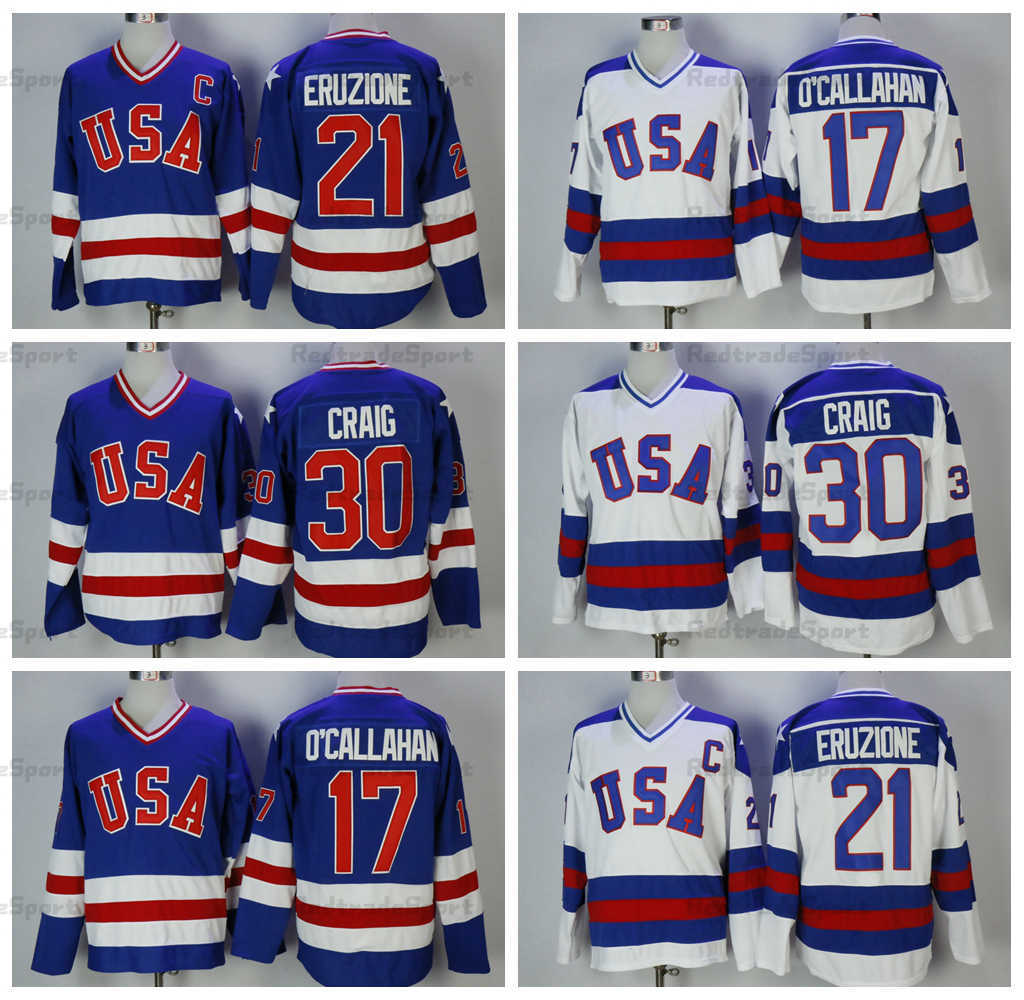 

Vintage 1980 Mens 21 MIKE ERUZIONE Hockey Jerseys 30 JIM CRAIG 17 JACK O'CALLAHAN Blue White Stitched Jersey C Patch M-XXXL shirt, Blue 17