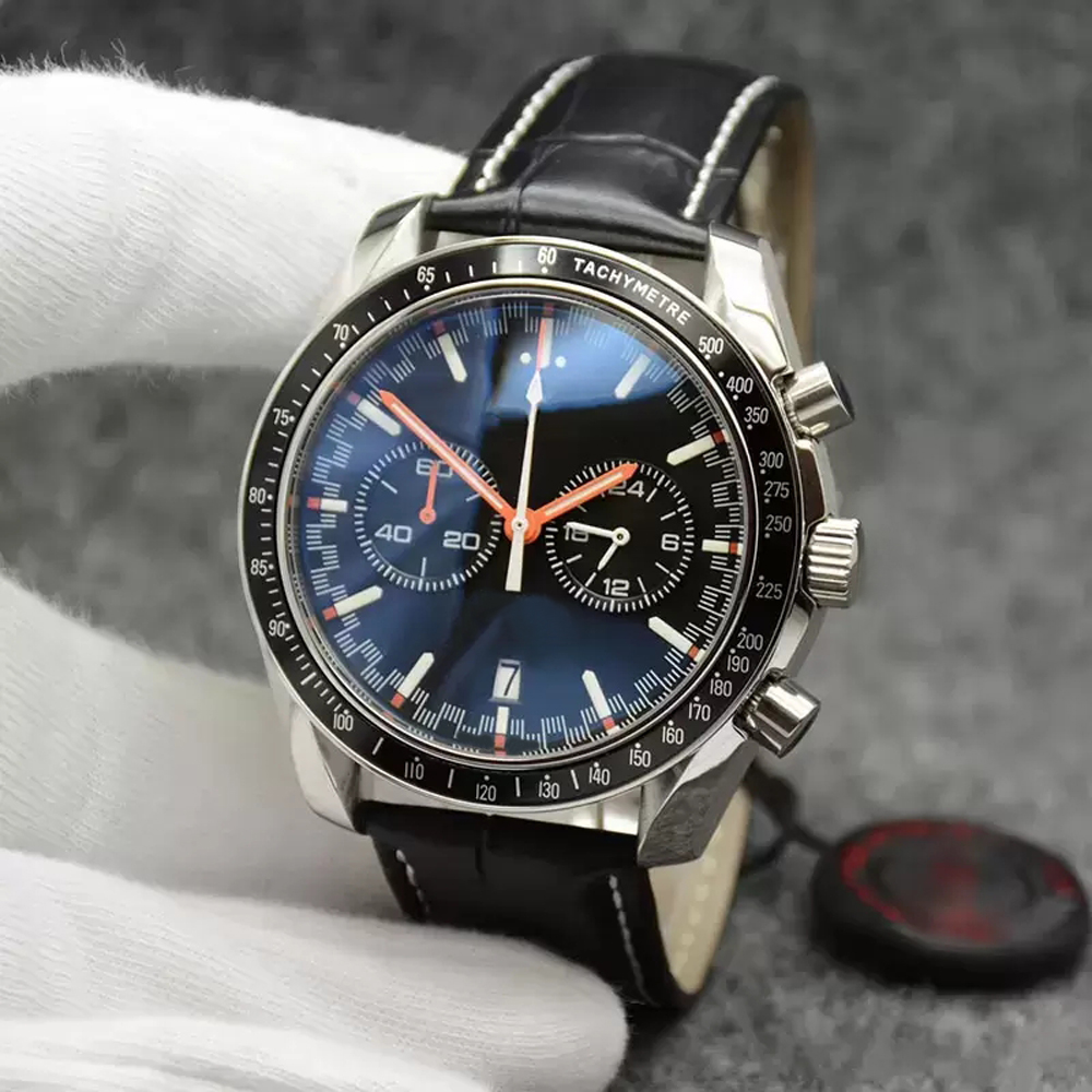 

High Grade 44MM Quartz Chronograph Men's Watches Red Hands Stainless Steel Bracelet Fixed Bezel With A Top Ring Showing Tachymeter Markings, Make waterproof