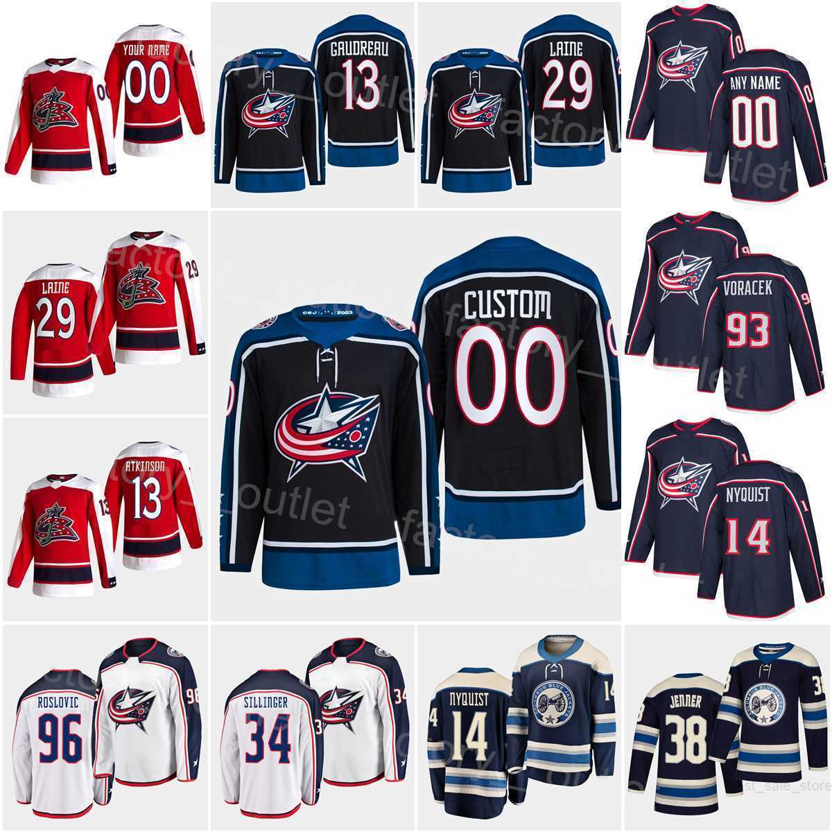 

Columbus Hockey Blue Jackets 38 Boone Jenner Jersey 34 Cole Sillinger 96 Jack Roslovic 14 Gustav Nyquist 13 Johnny Gaudreau Patrik Laine, Black