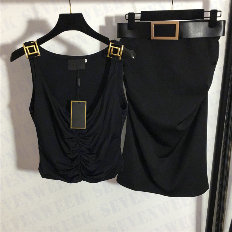 

Metal Letter Womens Vest Dress Sets With Belt Luxury High Waist Ladies Wrap Hip Skirts Fashion Sexy T Shirts Tops Two Piece, Black