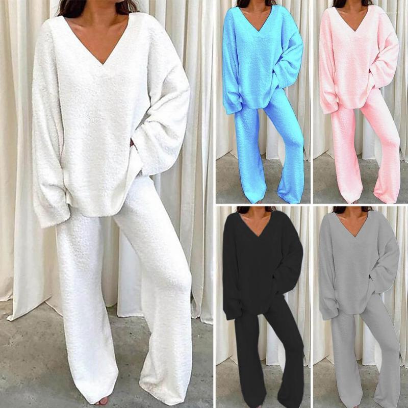 Pantalon deux pièces pour femmes 2 pièces/ensemble femmes pyjamas ensemble col en V ample dame nuisette couleur unie manches longues taille élast