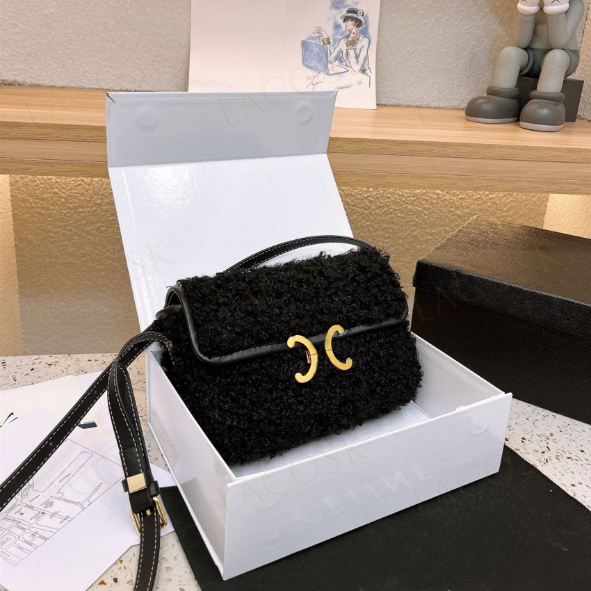 

Luxurys Women Crossbody Lamb Wool Shoulder Bags Gold Metal Buckle Winter Handbags Cashmere Letter Bag with Box, Price difference