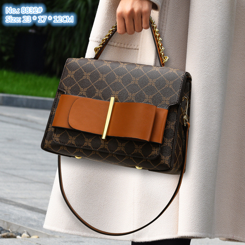

Wholesale factory ladies shoulder bag 2 color elegant belt decorative fashion handbags street trend plaid handbag sweet lady contrast leather backpack, Brown-8832#-lattice