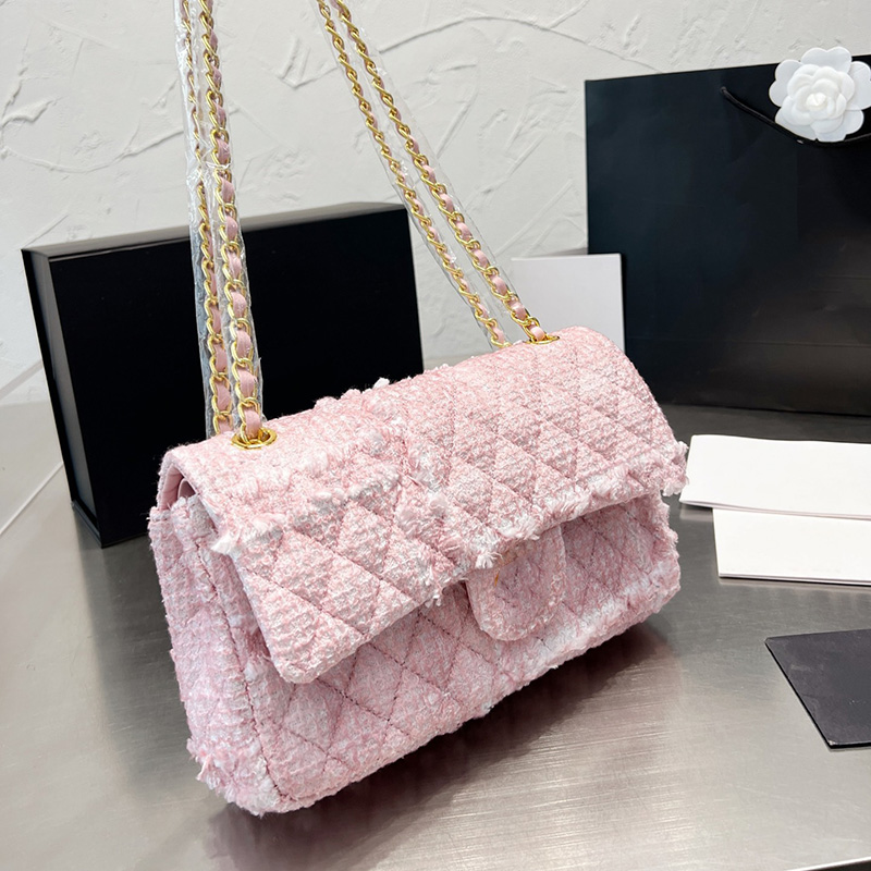 

Womens 25CM Tweed Quilted Bags Classic Small Double Flap Square Quilted Braided Shoulder Packet Vintage France Ladies Famous Designer Clutch Luxury Handbags, Box