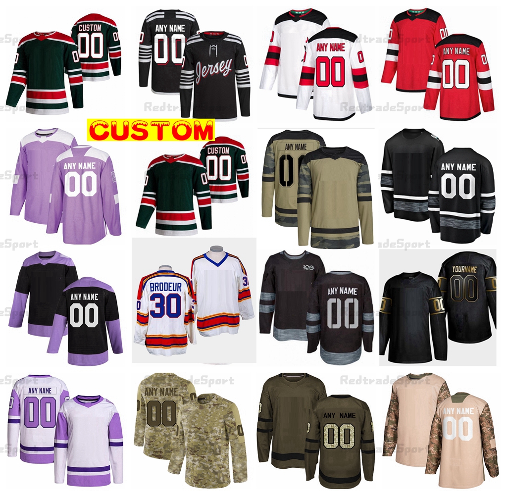 

Custom 2022 Reverse Retro Hockey Jerseys Hischier Hughes Hamilton Brodeur Bratt Camo Fights Cancer Sharangovich Tatar Vanecek Timo Meier Dawson Mercer Haula Palat, Black 2020