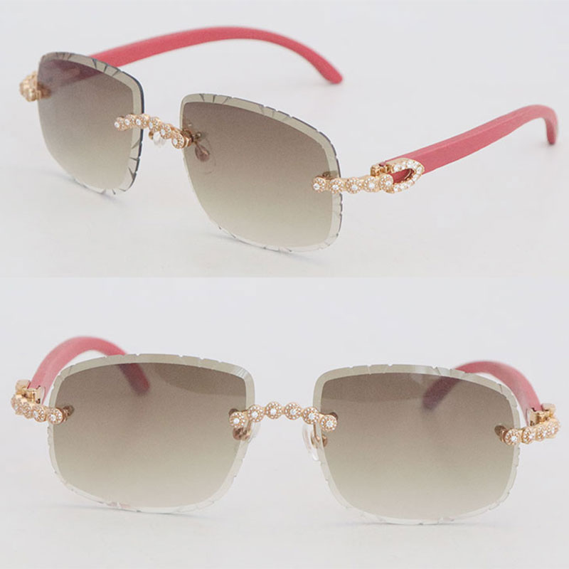 

Selling Designer Moissanite Diamond Set Rimless Sunglasses Womans Red Wood Men glasses Oval shape face Carved lens Big Stones Vintage Metal Gold Glasses Size 62