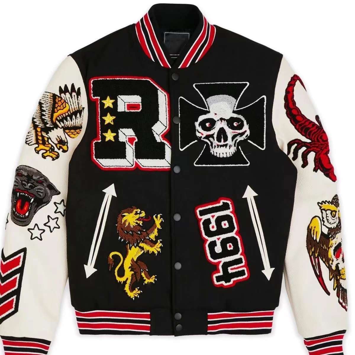 

Varsity Jackets For Men Stitched Letterman Skull Sports Baseball Collar Leather Sleeve Streetwear Hip Hop Bomber Peace Tops Coats Embriodery, Black