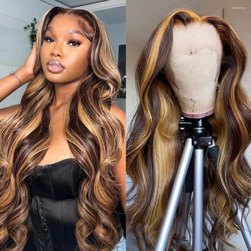 

30inches Ombre Highlight Wig Body Wave 13x4 HD Lace Front Wigs Human Hair Honey Blonde Colored 4/27 Frontal For Women, 13x1 t part wig