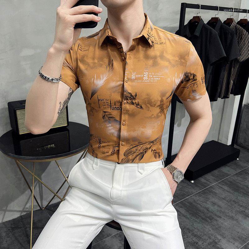 

Men's Casual Shirts 2022 Summer Men Feather Print Korean Slim Fit Dress Shirt Business Formal Streetwear Social Party Blouse 4XL-M, White