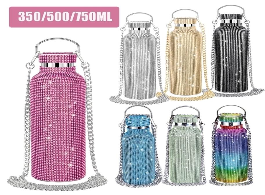 

Water Bottles Bling Diamond Thermos Bottles Portable Glitter Water Bottle Crossbody Stainless Steel Thermal Flask 350ml500ml750ml 4407393, Black